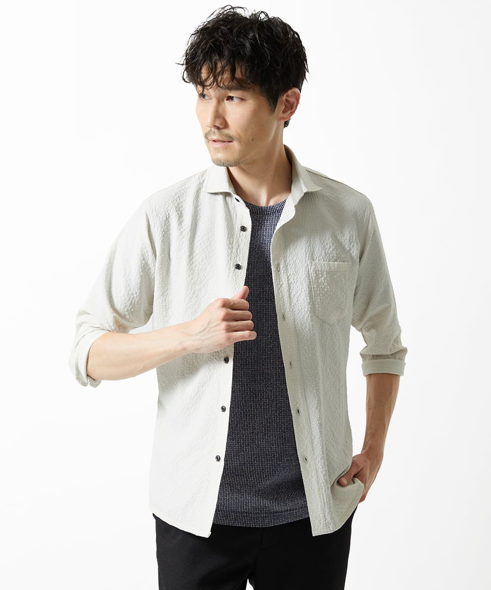 MKBHC19090 MK MICHEL KLEIN HOMME(MKミッシェルクランオム) 【色・サイズ残りわずか】ブロックサッカー七分袖シャツ ライトグレー