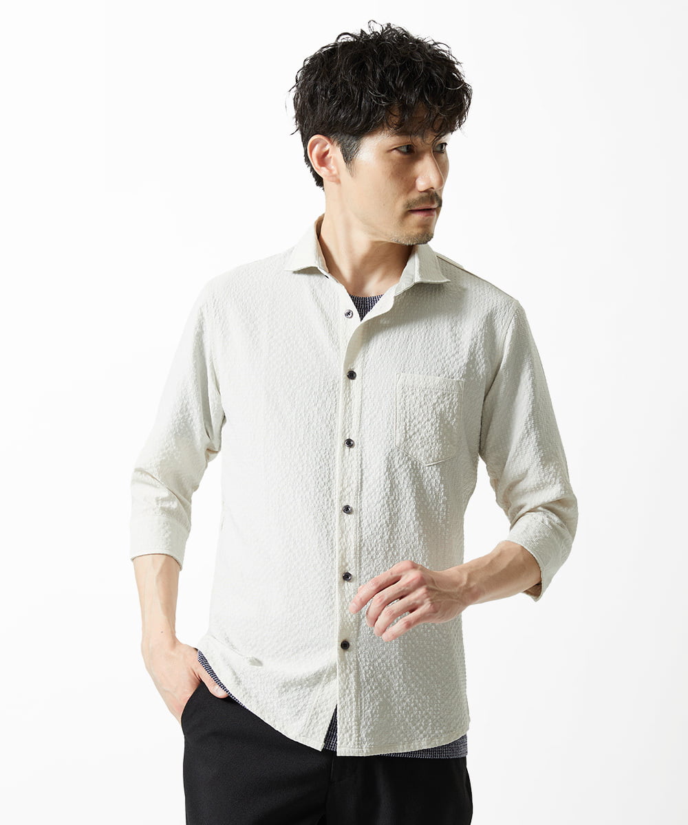 MKBHC19090 MK MICHEL KLEIN HOMME(MKミッシェルクランオム) 【色・サイズ残りわずか】ブロックサッカー七分袖シャツ ライトグレー