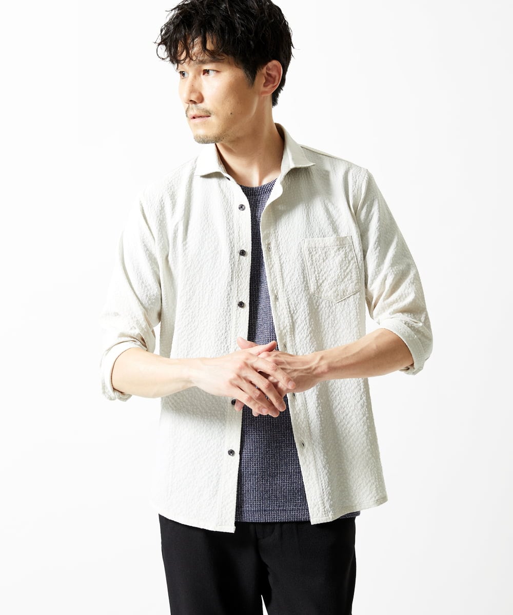 MKBHC19090 MK MICHEL KLEIN HOMME(MKミッシェルクランオム) 【色・サイズ残りわずか】ブロックサッカー七分袖シャツ ライトグレー