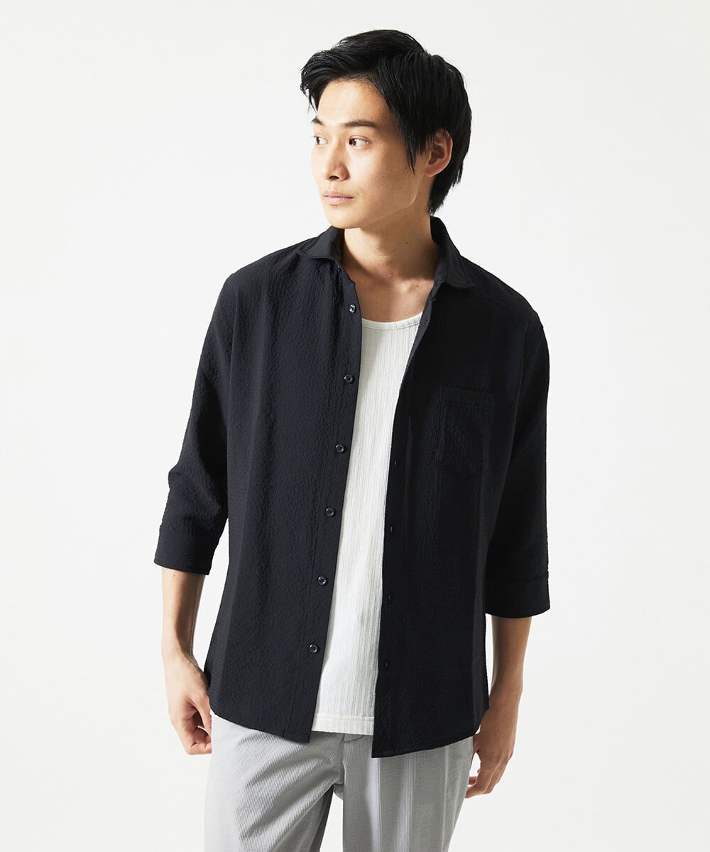 MKBHC19090 MK MICHEL KLEIN HOMME(MKミッシェルクランオム) 【色・サイズ残りわずか】ブロックサッカー七分袖シャツ ブラック