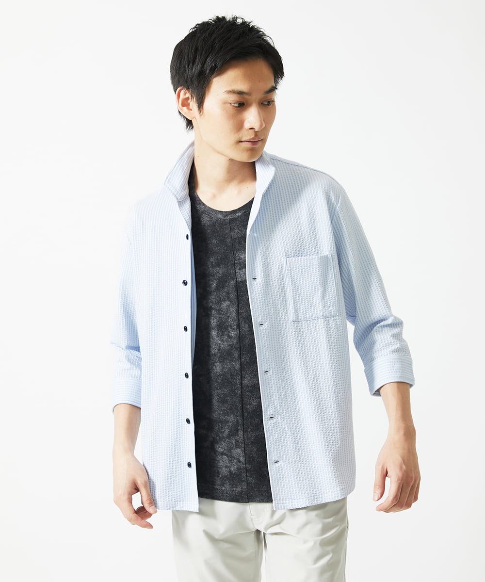 MKBHC32130 MK MICHEL KLEIN HOMME(MKミッシェルクランオム) 【７分袖/洗える】スタンドカラーシャツ / ストライプサッカー　 ライトブルー