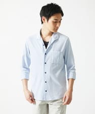 MKBHC32130 MK MICHEL KLEIN HOMME(MKミッシェルクランオム) 【７分袖/洗える】スタンドカラーシャツ / ストライプサッカー　 ライトブルー