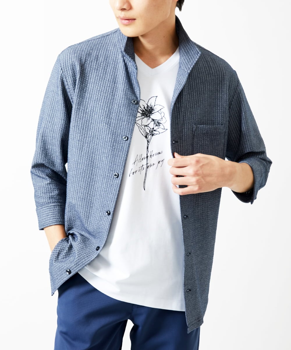 MKBHC32130 MK MICHEL KLEIN HOMME(MKミッシェルクランオム) 【７分袖/洗える】スタンドカラーシャツ / ストライプサッカー　 ブルー