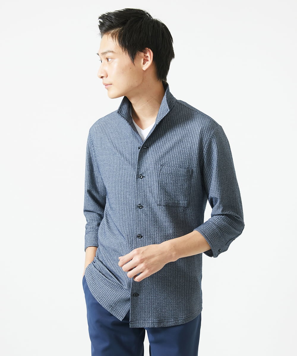 MKBHC32130 MK MICHEL KLEIN HOMME(MKミッシェルクランオム) 【７分袖/洗える】スタンドカラーシャツ / ストライプサッカー　 ブルー