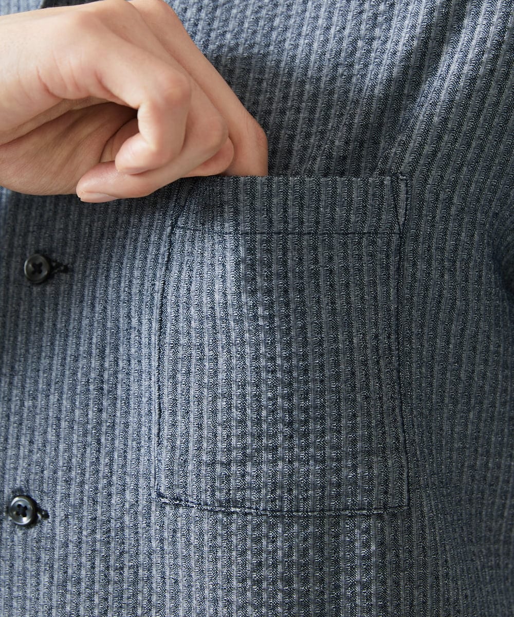MKBHC32130 MK MICHEL KLEIN HOMME(MKミッシェルクランオム) 【７分袖/洗える】スタンドカラーシャツ / ストライプサッカー　 ブルー