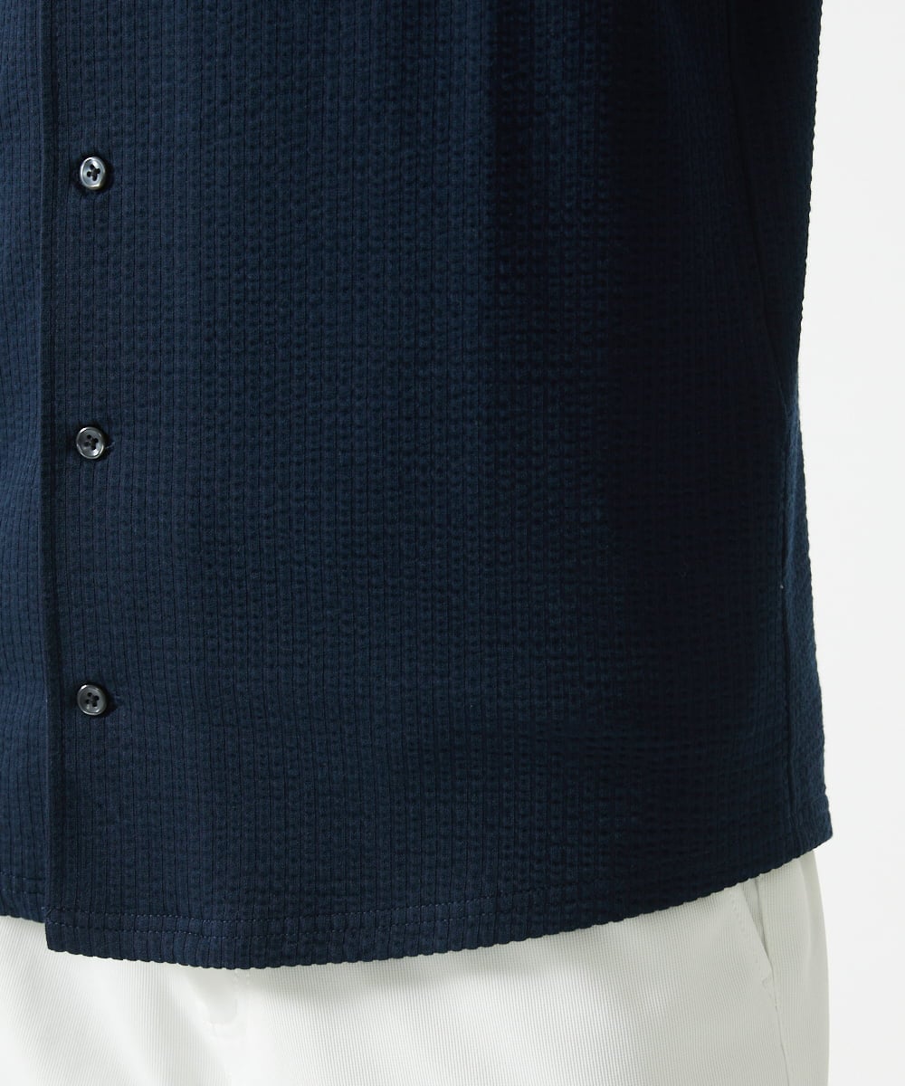 MKBHC32130 MK MICHEL KLEIN HOMME(MKミッシェルクランオム) 【７分袖/洗える】スタンドカラーシャツ / ストライプサッカー　 ネイビー