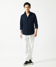 MKBHC32130 MK MICHEL KLEIN HOMME(MKミッシェルクランオム) 【７分袖/洗える】スタンドカラーシャツ / ストライプサッカー　 ネイビー