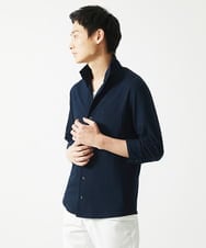 MKBHC32130 MK MICHEL KLEIN HOMME(MKミッシェルクランオム) 【７分袖/洗える】スタンドカラーシャツ / ストライプサッカー　 ネイビー