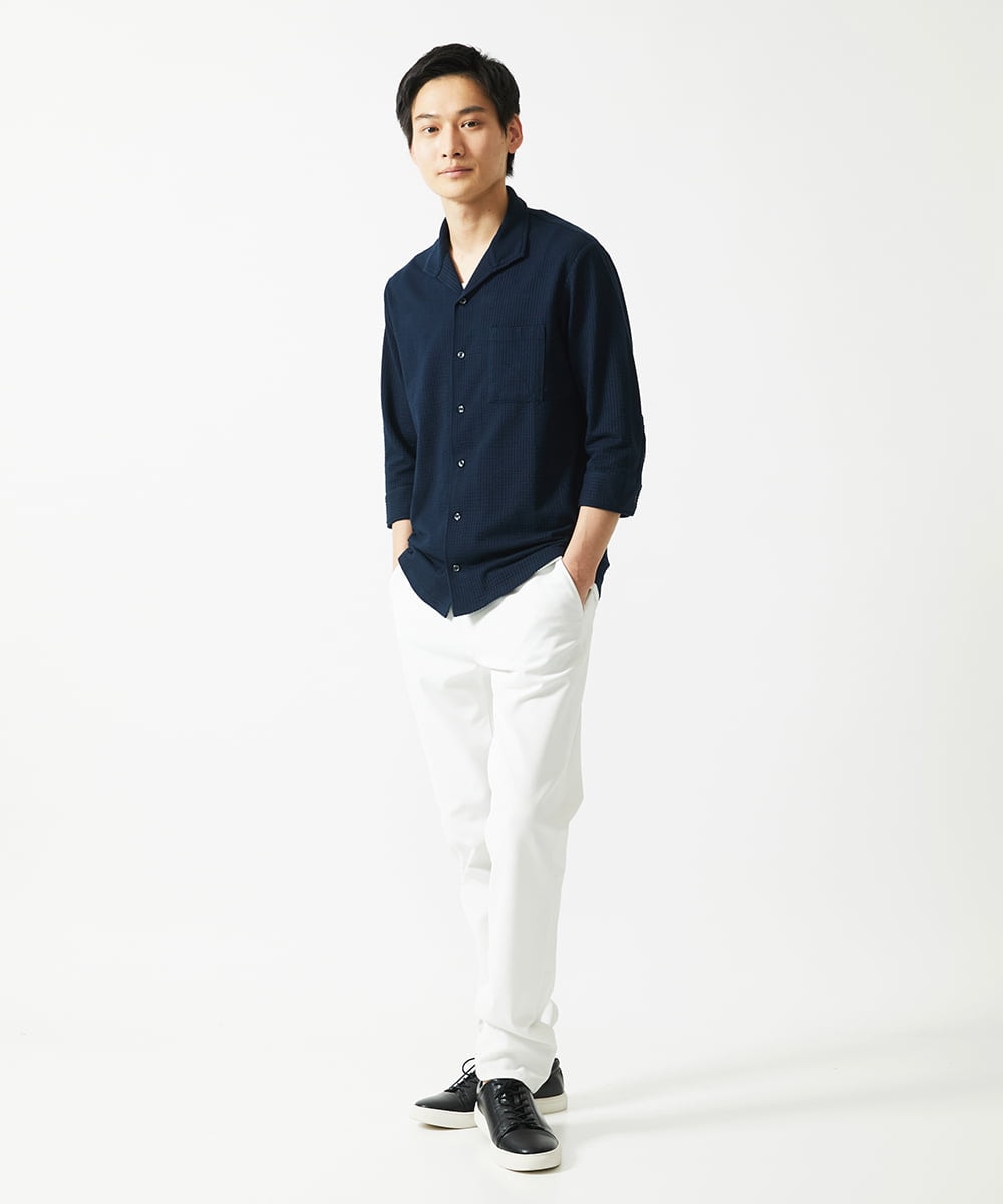 MKBHC32130 MK MICHEL KLEIN HOMME(MKミッシェルクランオム) 【７分袖/洗える】スタンドカラーシャツ / ストライプサッカー　 ネイビー