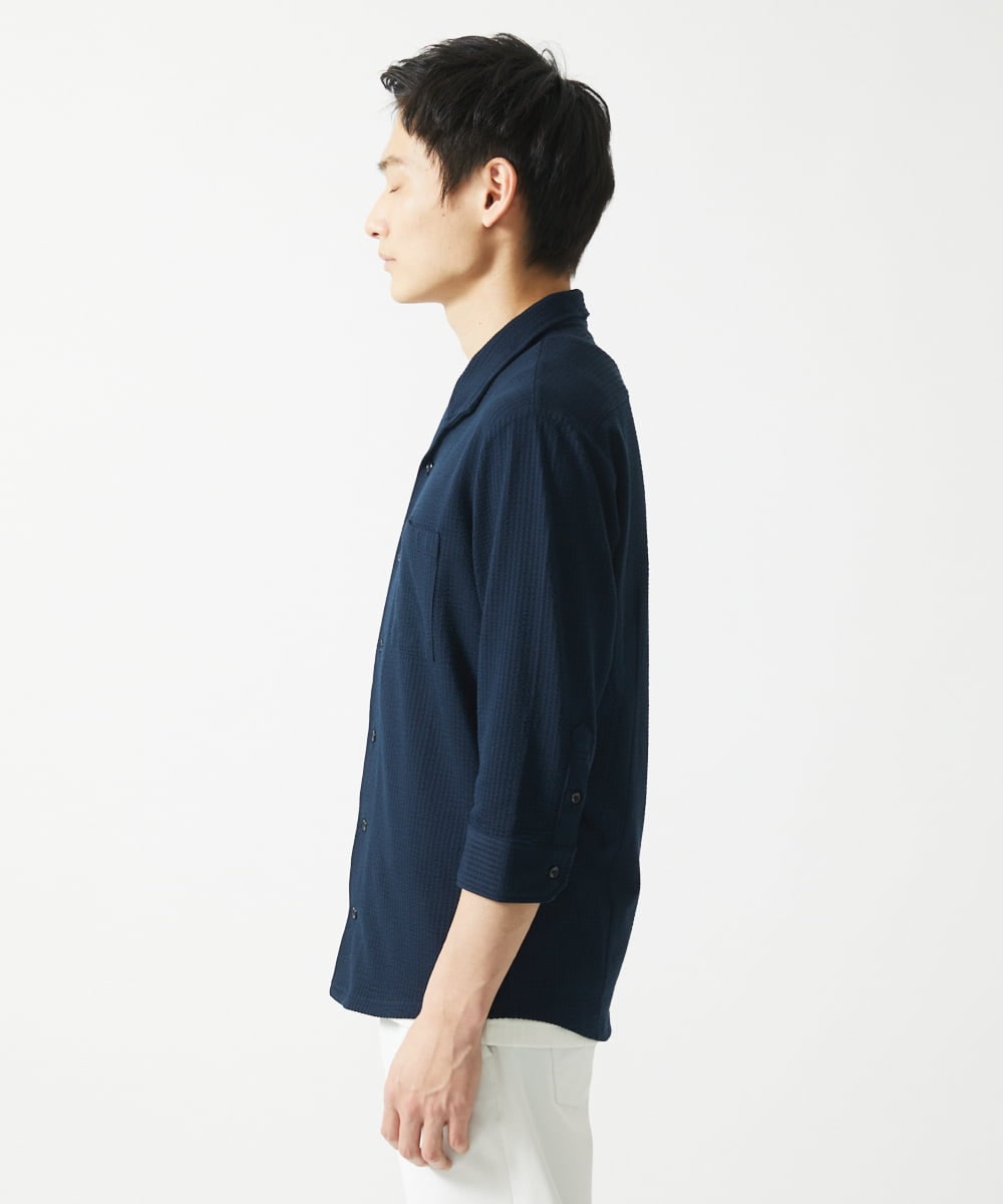MKBHC32130 MK MICHEL KLEIN HOMME(MKミッシェルクランオム) 【７分袖/洗える】スタンドカラーシャツ / ストライプサッカー　 ネイビー