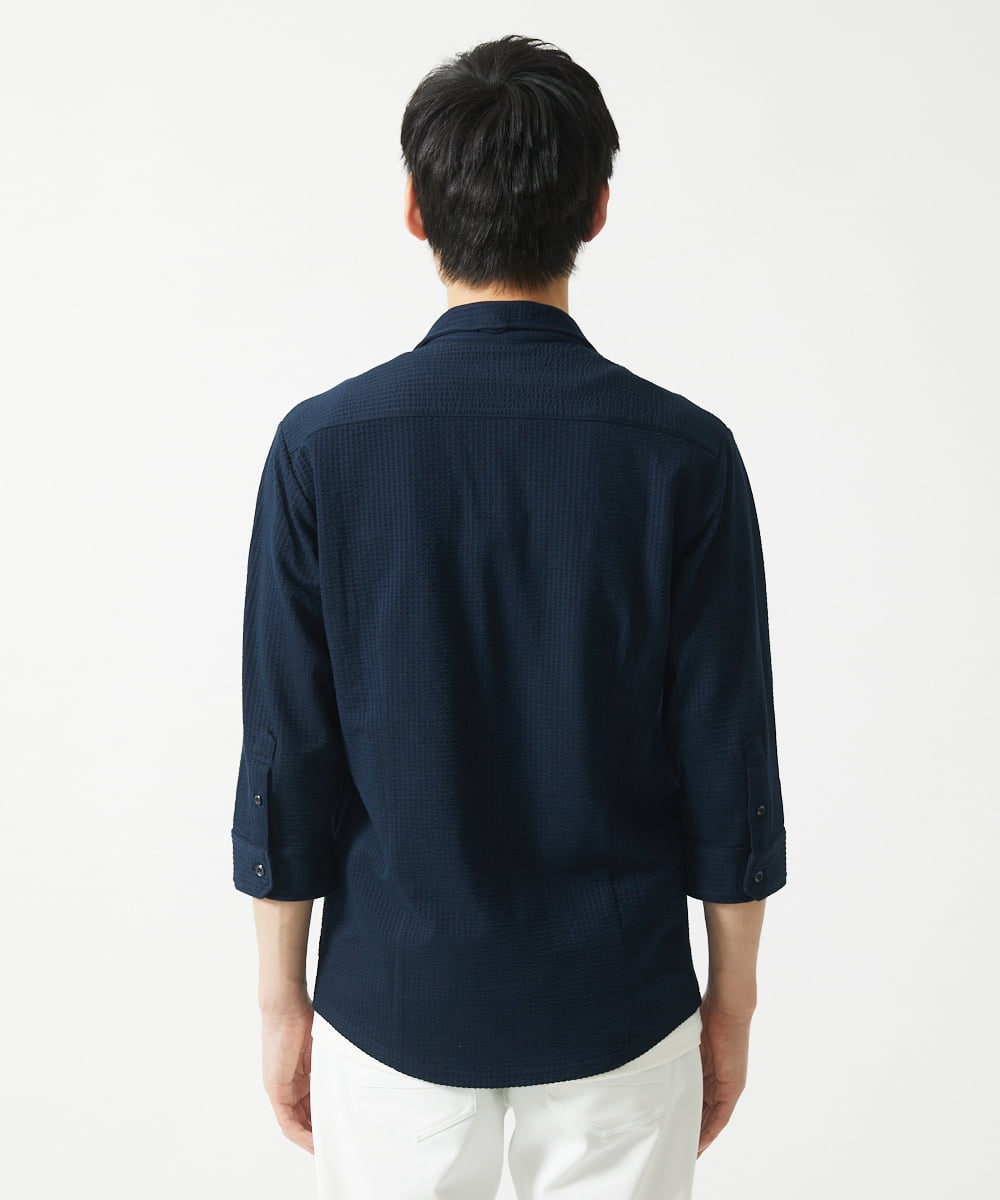 MKBHC32130 MK MICHEL KLEIN HOMME(MKミッシェルクランオム) 【７分袖/洗える】スタンドカラーシャツ / ストライプサッカー　 ネイビー