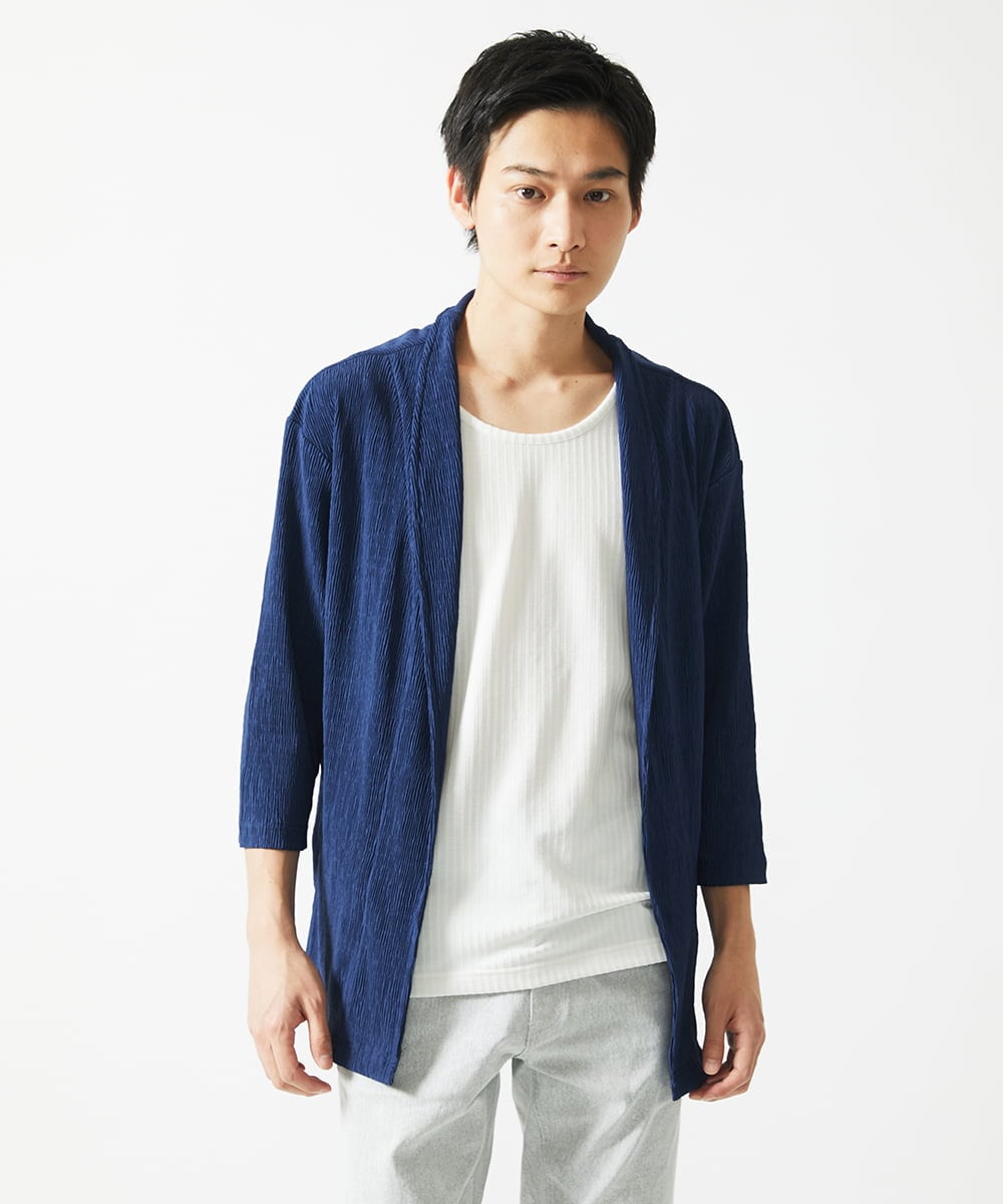 MKCGC03080 MK MICHEL KLEIN HOMME(MKミッシェルクランオム) 【在庫限り！/洗える/７分袖】 シフォンヨウリュウカーディガン ブルー