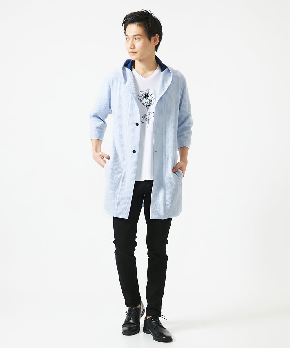 MKCGC32130 MK MICHEL KLEIN HOMME(MKミッシェルクランオム) 【残りわずか/ゆったりサイズ／洗える】サッカーストライプフードカーディガン ライトブルー