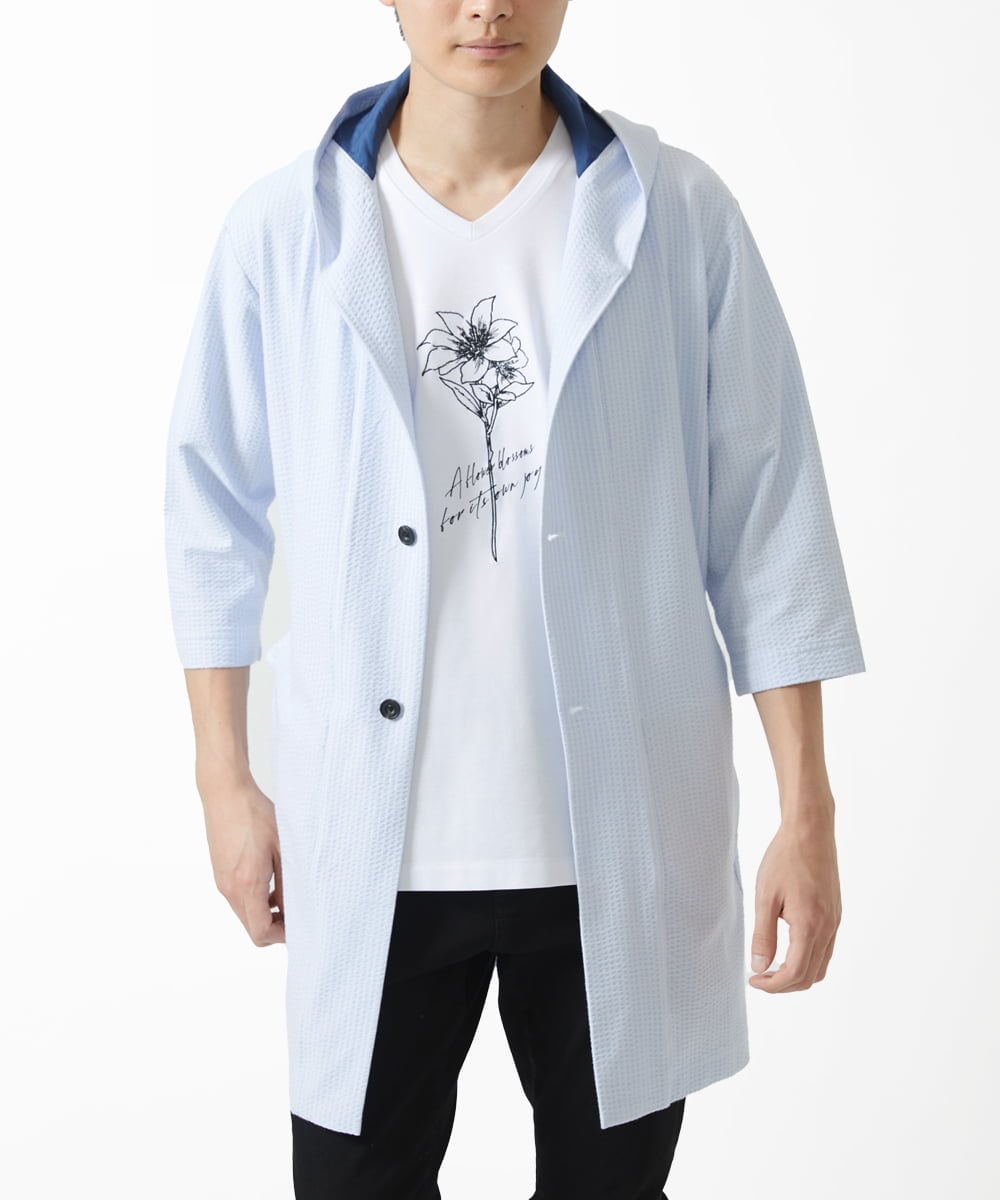 MKCGC32130 MK MICHEL KLEIN HOMME(MKミッシェルクランオム) 【残りわずか/ゆったりサイズ／洗える】サッカーストライプフードカーディガン ライトブルー