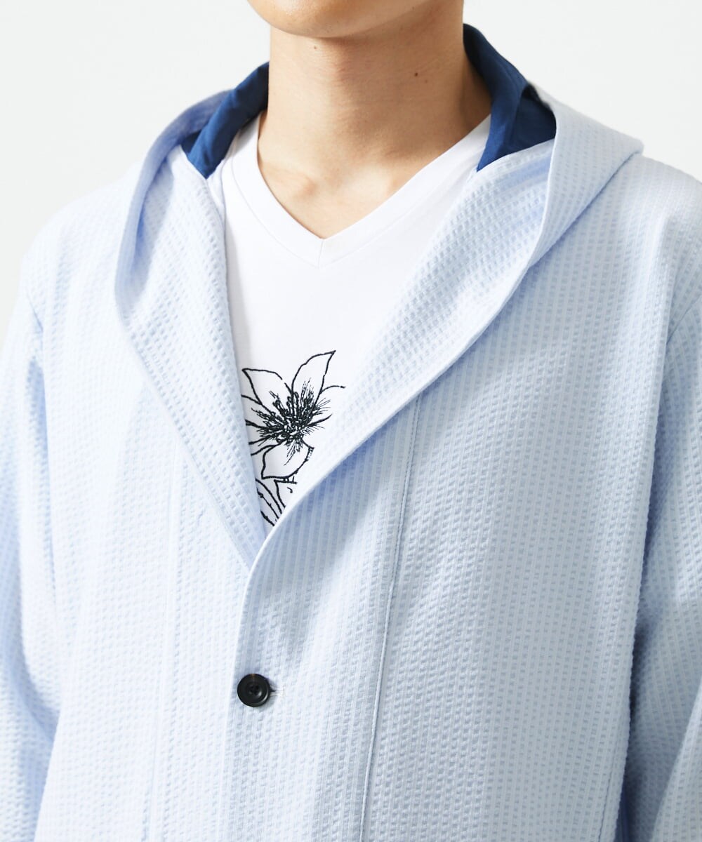 MKCGC32130 MK MICHEL KLEIN HOMME(MKミッシェルクランオム) 【残りわずか/ゆったりサイズ／洗える】サッカーストライプフードカーディガン ライトブルー