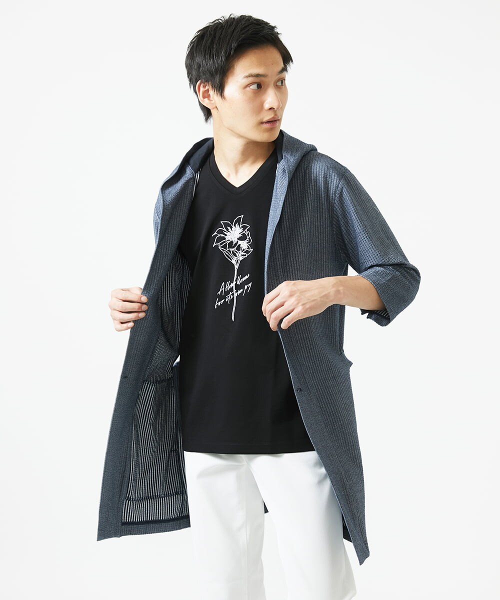 MKCGC32130 MK MICHEL KLEIN HOMME(MKミッシェルクランオム) 【残りわずか/ゆったりサイズ／洗える】サッカーストライプフードカーディガン ブルー