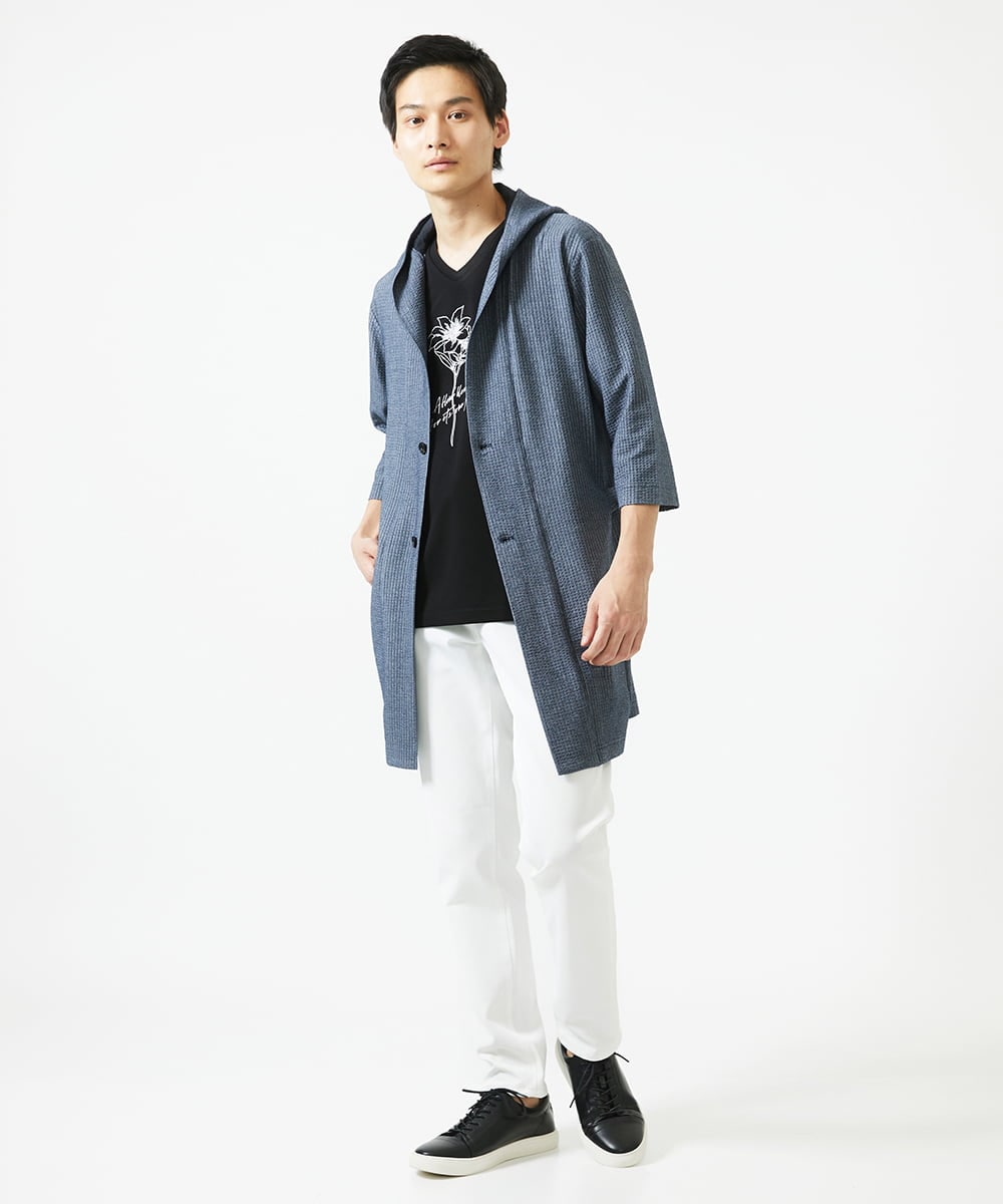 MKCGC32130 MK MICHEL KLEIN HOMME(MKミッシェルクランオム) 【残りわずか/ゆったりサイズ／洗える】サッカーストライプフードカーディガン ブルー