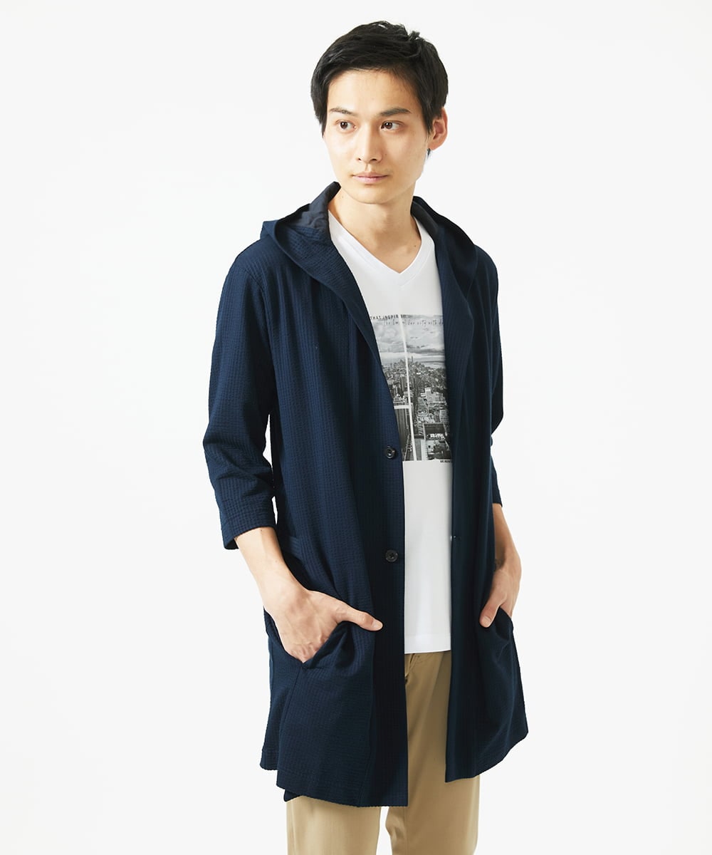 MKCGC32130 MK MICHEL KLEIN HOMME(MKミッシェルクランオム) 【残りわずか/ゆったりサイズ／洗える】サッカーストライプフードカーディガン ネイビー