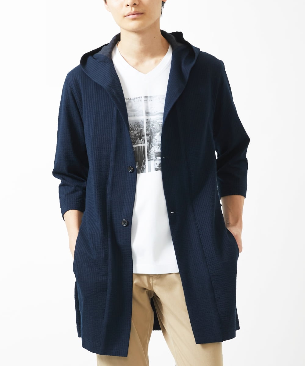 MKCGC32130 MK MICHEL KLEIN HOMME(MKミッシェルクランオム) 【残りわずか/ゆったりサイズ／洗える】サッカーストライプフードカーディガン ネイビー