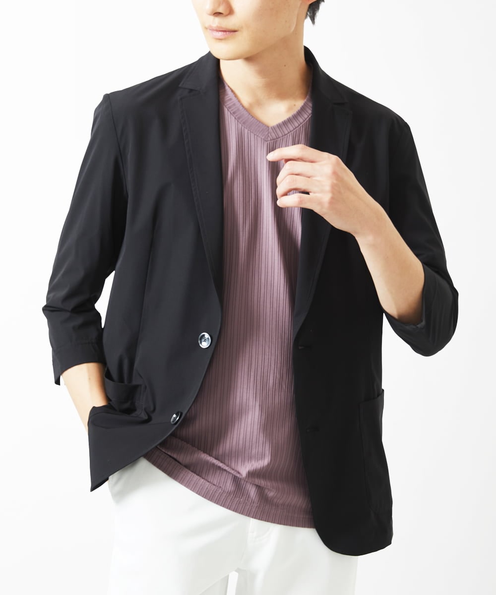 MKDGA51150 MK MICHEL KLEIN HOMME(MKミッシェルクランオム) 【セットアップ対応】七分袖ジャケット / ニュートラルストレッチ ブラック