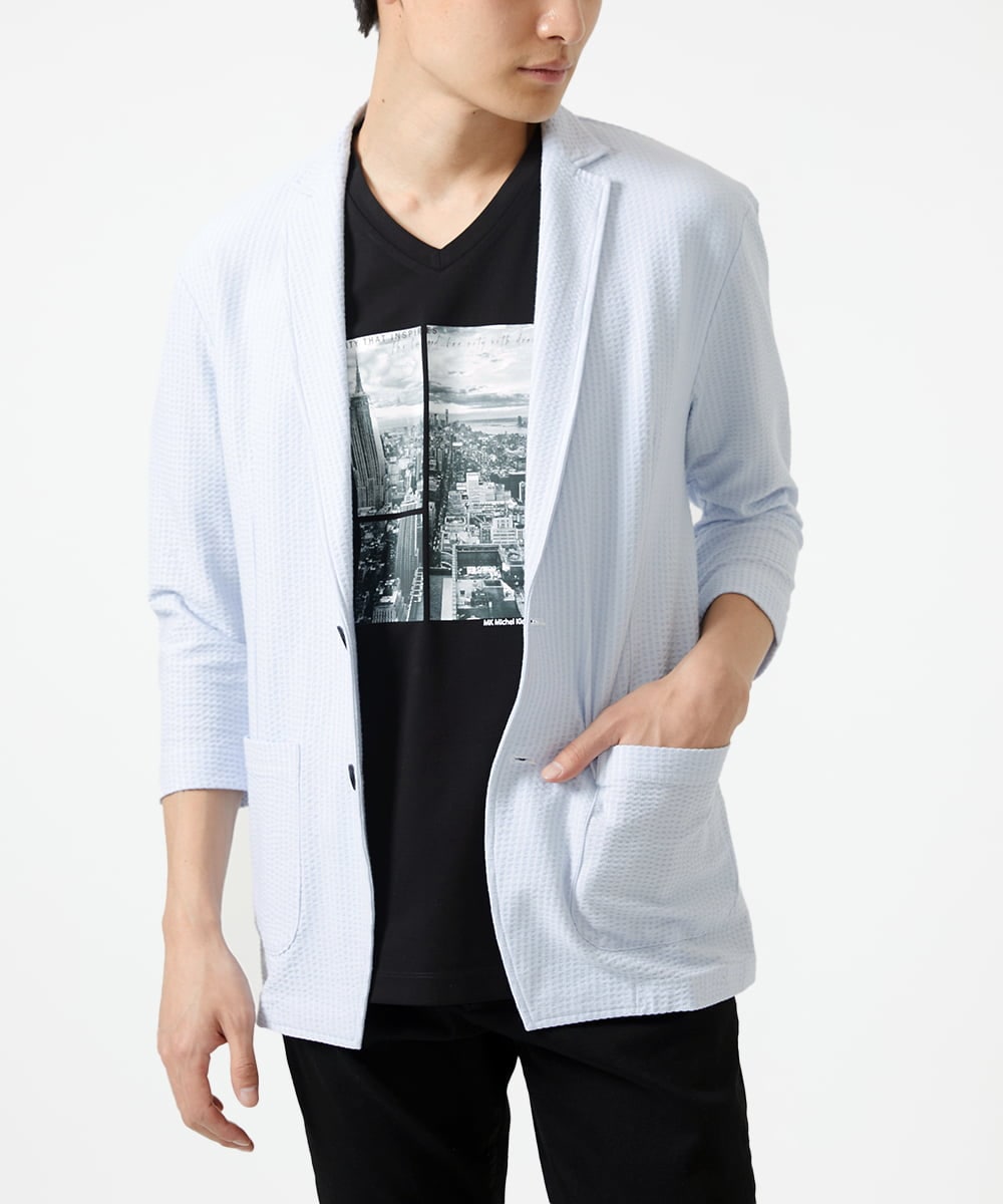 MKDGC32130 MK MICHEL KLEIN HOMME(MKミッシェルクランオム) 【洗える・７分袖】サッカージャージ ジャーディガン  ライトブルー