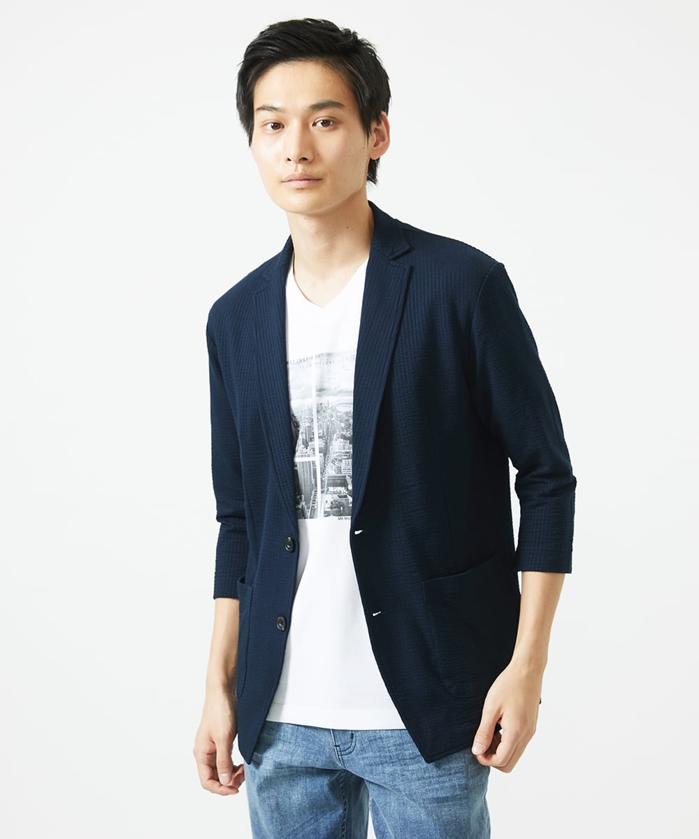 MKDGC32130 MK MICHEL KLEIN HOMME(MKミッシェルクランオム) 【洗える・７分袖】サッカージャージ ジャーディガン  ネイビー