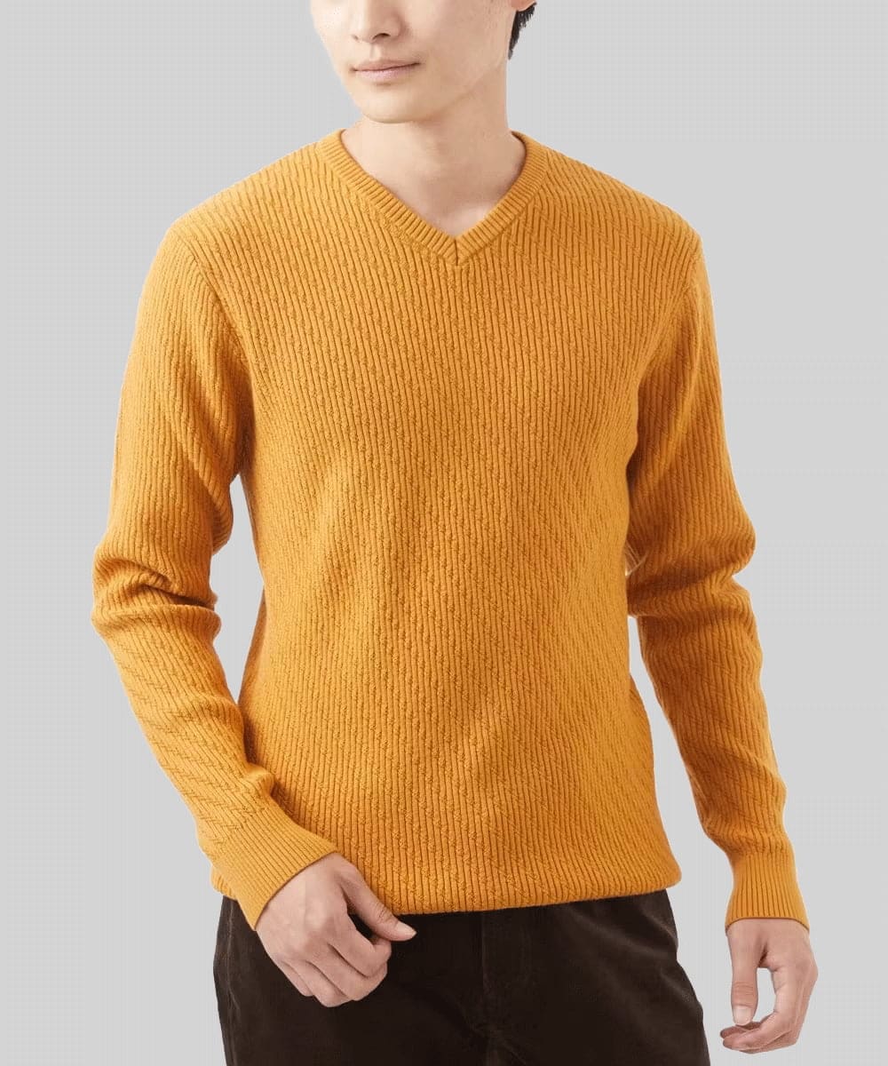 MKFAA60110 MK MICHEL KLEIN HOMME(MKミッシェルクランオム) 【残りわずか/在庫限り/洗濯機で洗える】Vネックニット/バイヤスへリンボン マスタード