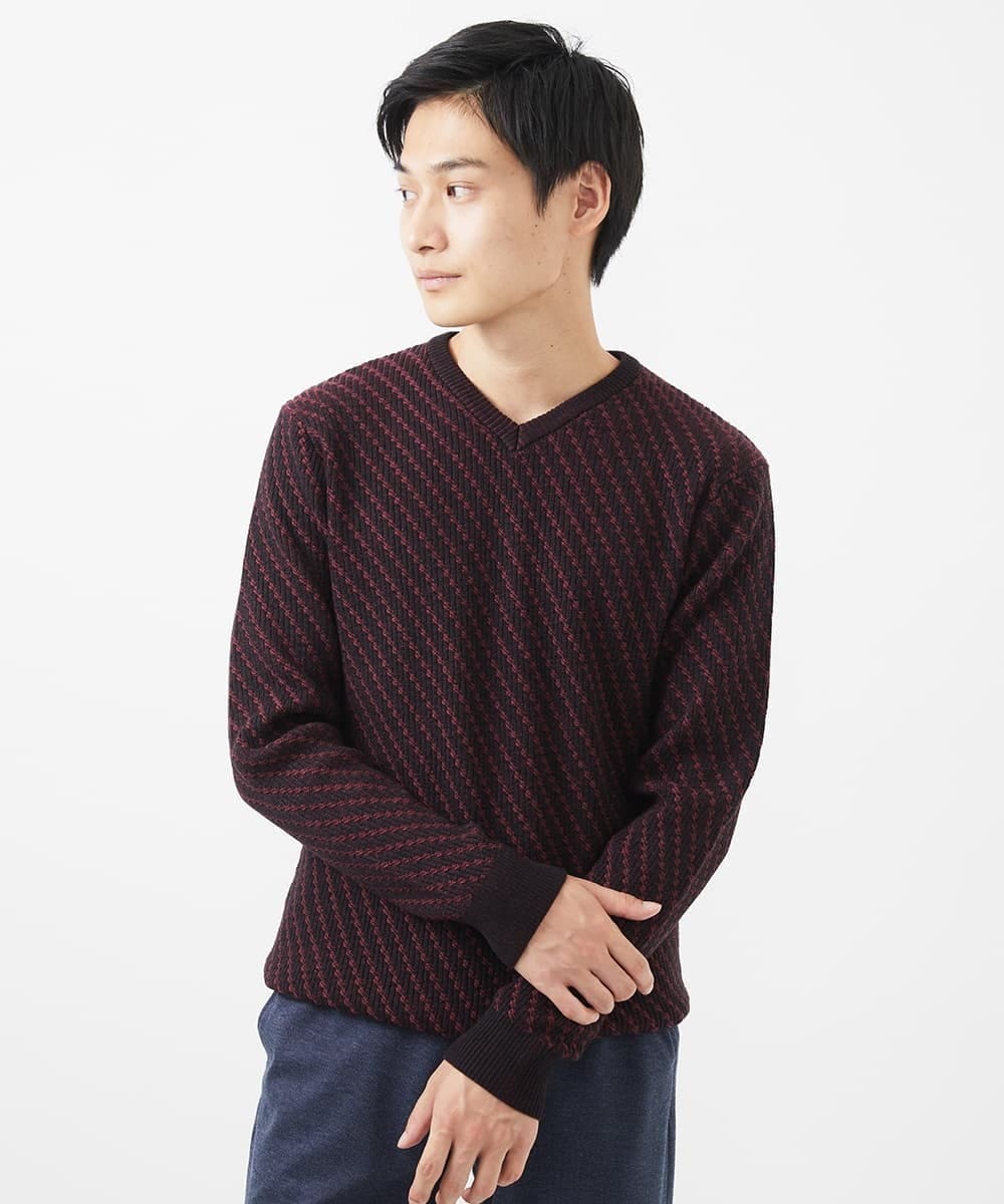 MKFAA60110 MK MICHEL KLEIN HOMME(MKミッシェルクランオム) 【残りわずか/在庫限り/洗濯機で洗える】Vネックニット/バイヤスへリンボン マスタード