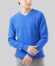 MKFAA60110 MK MICHEL KLEIN HOMME(MKミッシェルクランオム) 【残りわずか/在庫限り/洗濯機で洗える】Vネックニット/バイヤスへリンボン ブルー