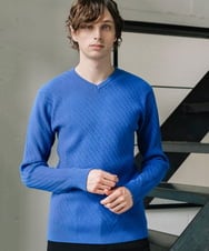 MKFAA60110 MK MICHEL KLEIN HOMME(MKミッシェルクランオム) 【残りわずか/在庫限り/洗濯機で洗える】Vネックニット/バイヤスへリンボン ブルー