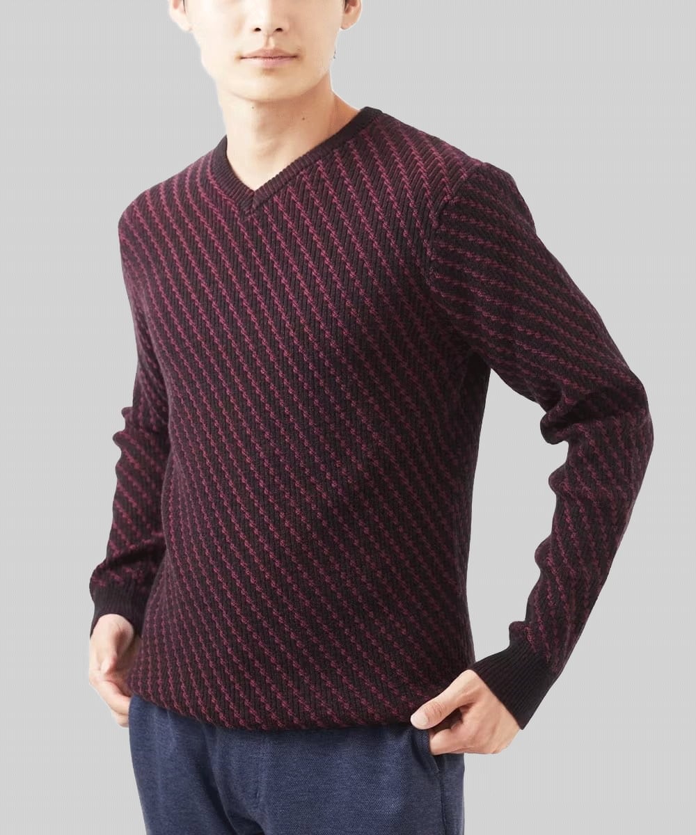 MKFAA60110 MK MICHEL KLEIN HOMME(MKミッシェルクランオム) 【残りわずか/在庫限り/洗濯機で洗える】Vネックニット/バイヤスへリンボン パープル