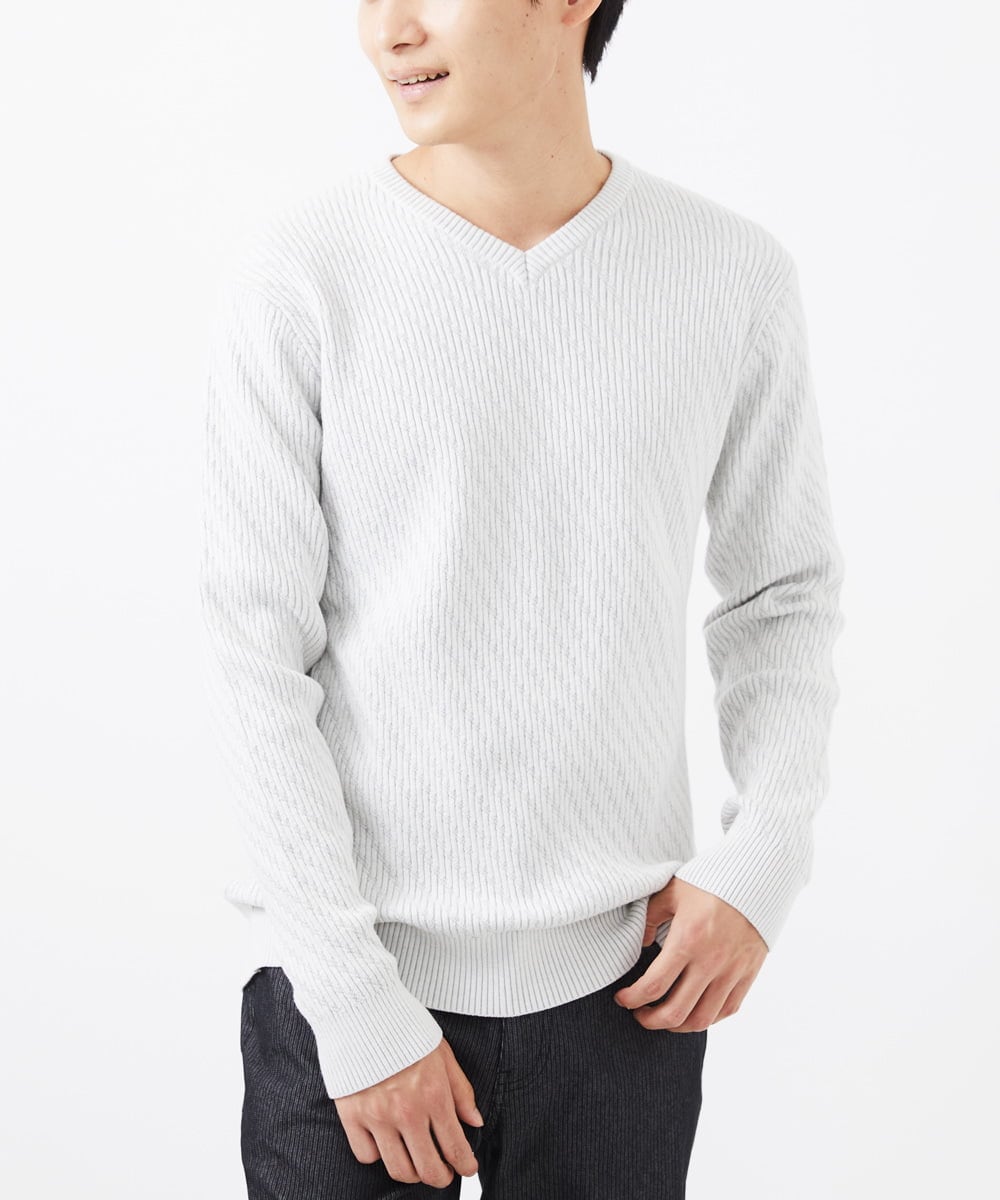 MKFAA60110 MK MICHEL KLEIN HOMME(MKミッシェルクランオム) 【残りわずか/在庫限り/洗濯機で洗える】Vネックニット/バイヤスへリンボン ライトグレー