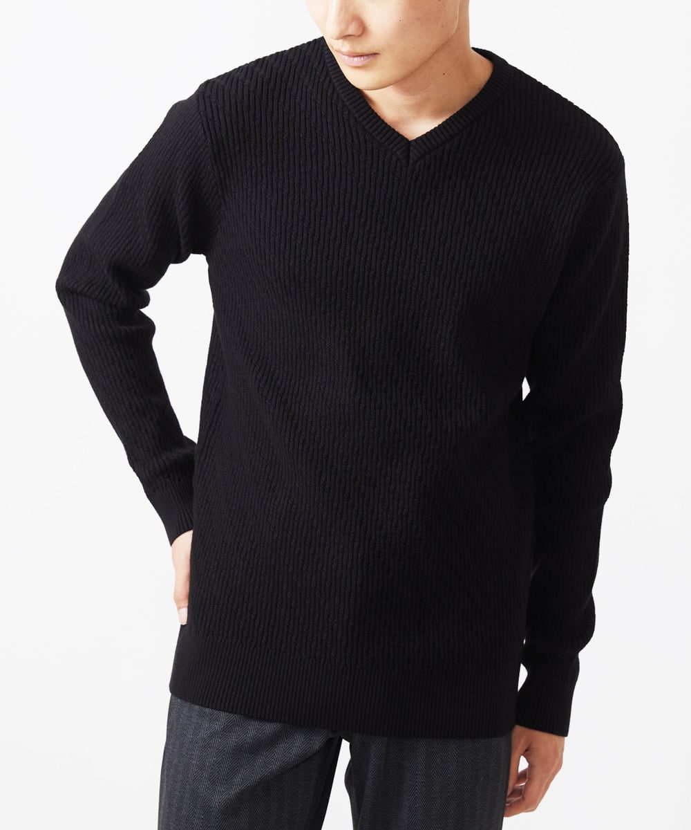 MKFAA60110 MK MICHEL KLEIN HOMME(MKミッシェルクランオム) 【残りわずか/在庫限り/洗濯機で洗える】Vネックニット/バイヤスへリンボン ブラック
