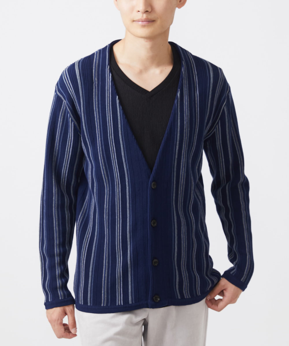 MKFAC09110 MK MICHEL KLEIN HOMME(MKミッシェルクランオム) 【大きいサイズあり】ストライプカーディガン/キュウネンコットン ネイビー