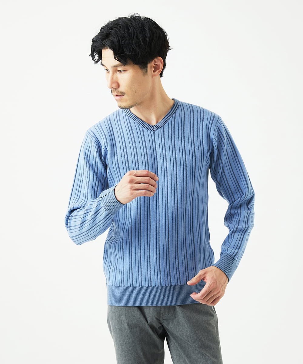 MKFAD60099 MK MICHEL KLEIN HOMME(MKミッシェルクランオム) 【Vネック/洗濯機で洗える】ランダムタック ストライプニット ライトブルー