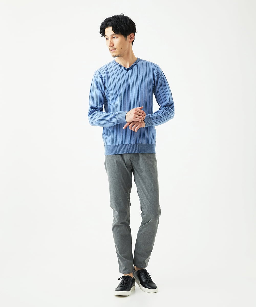MKFAD60099 MK MICHEL KLEIN HOMME(MKミッシェルクランオム) 【Vネック/洗濯機で洗える】ランダムタック ストライプニット ライトブルー