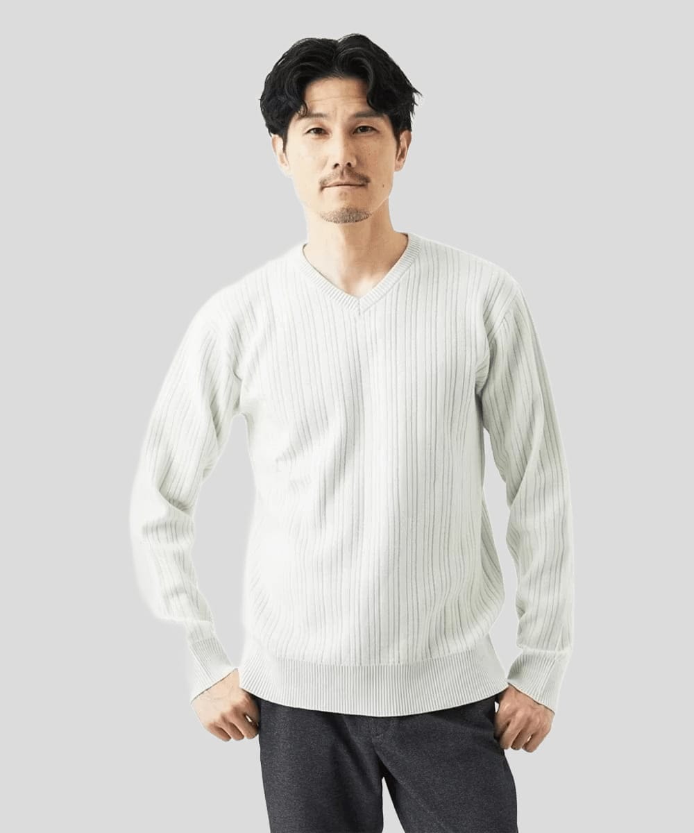 MKFAD60099 MK MICHEL KLEIN HOMME(MKミッシェルクランオム) 【Vネック/洗濯機で洗える】ランダムタック ストライプニット ライトグレー
