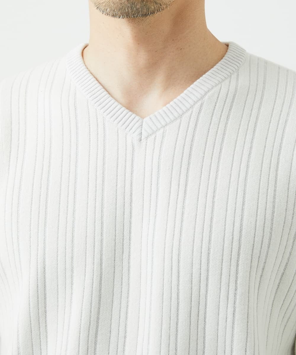 MKFAD60099 MK MICHEL KLEIN HOMME(MKミッシェルクランオム) 【Vネック/洗濯機で洗える】ランダムタック ストライプニット ライトグレー