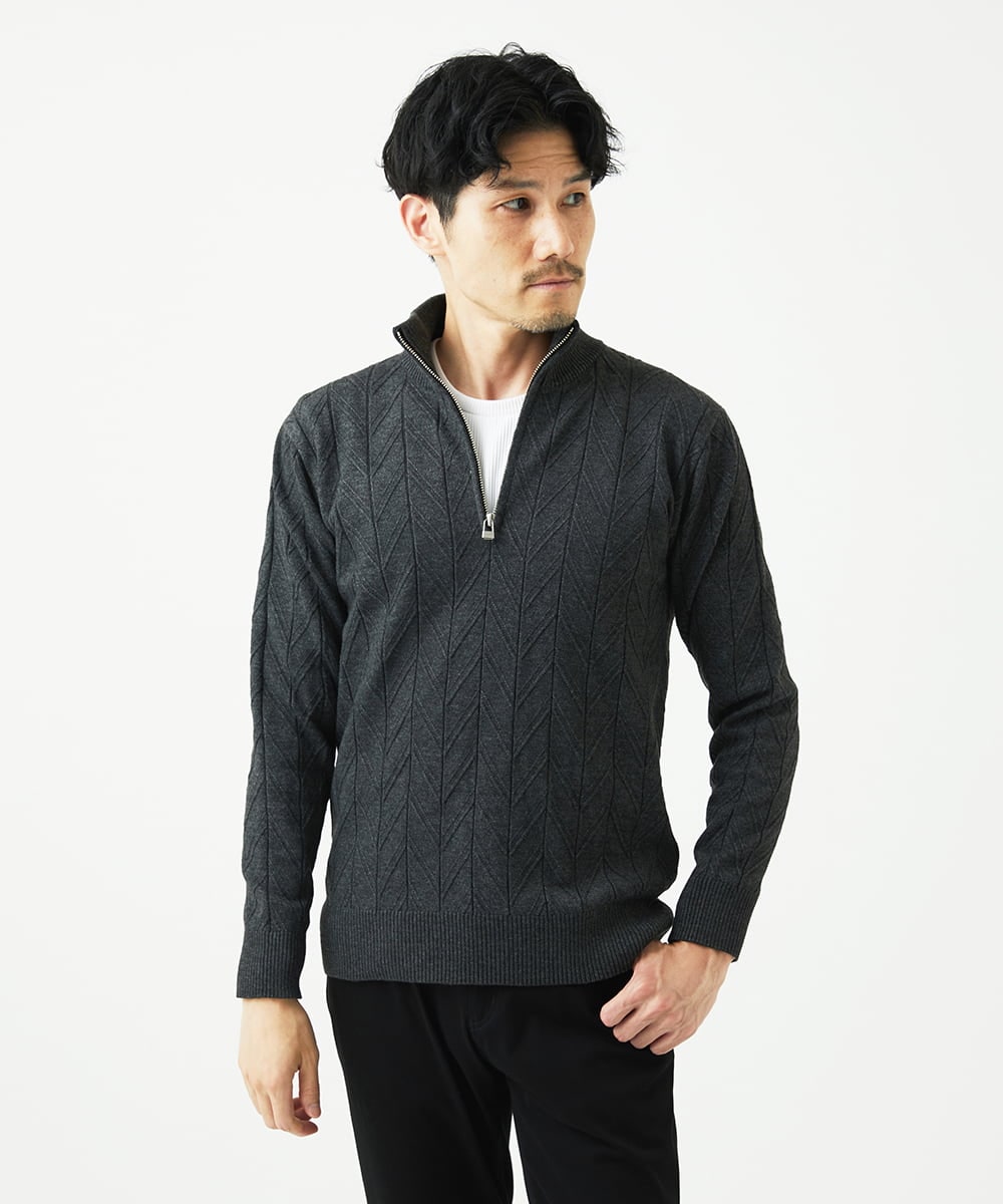 MKFAD62110 MK MICHEL KLEIN HOMME(MKミッシェルクランオム) 【洗える/リサイクル糸使用】ハーフジップニット / ミックスヘリンボン ダークグレー