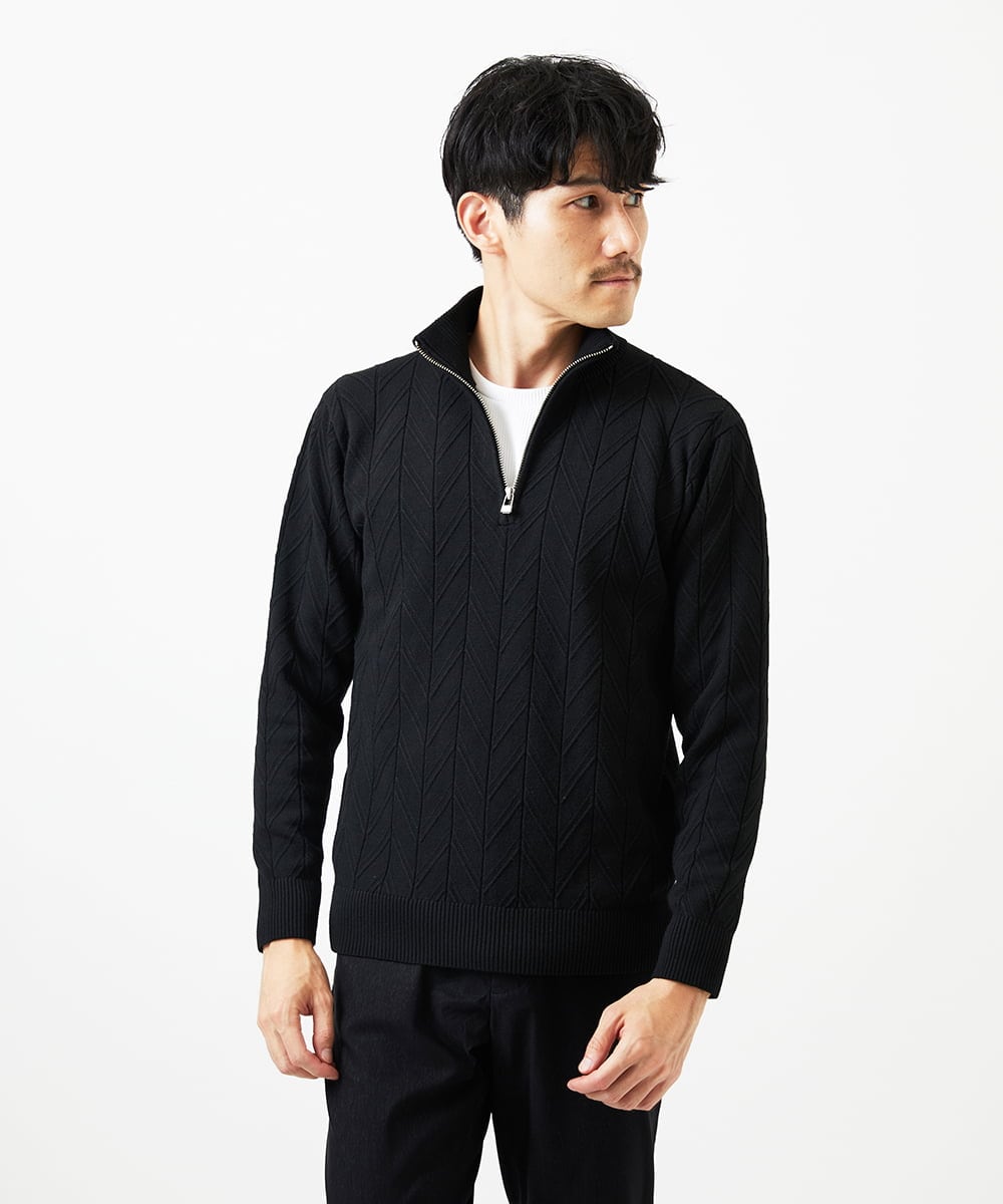 MKFAD62110 MK MICHEL KLEIN HOMME(MKミッシェルクランオム) 【洗える/リサイクル糸使用】ハーフジップニット / ミックスヘリンボン ブラック