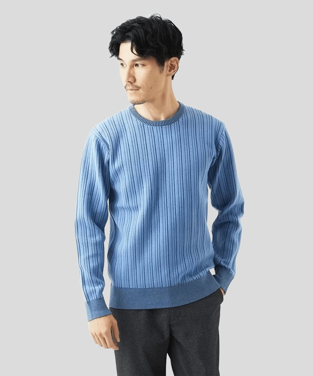 MKFAD63099 MK MICHEL KLEIN HOMME(MKミッシェルクランオム) 【クルーネック/洗濯機で洗える】ランダムタックストライプクルーネックニット ライトブルー
