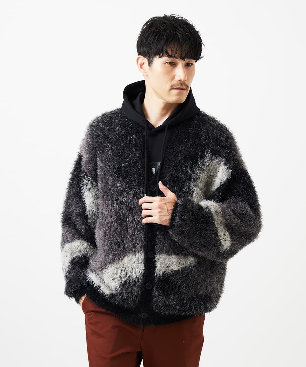 MKFAF82120 MK MICHEL KLEIN HOMME(MKミッシェルクランオム) 【リラックスサイズ/フリーサイズ】マーブルシャギーカーディガン ブラック
