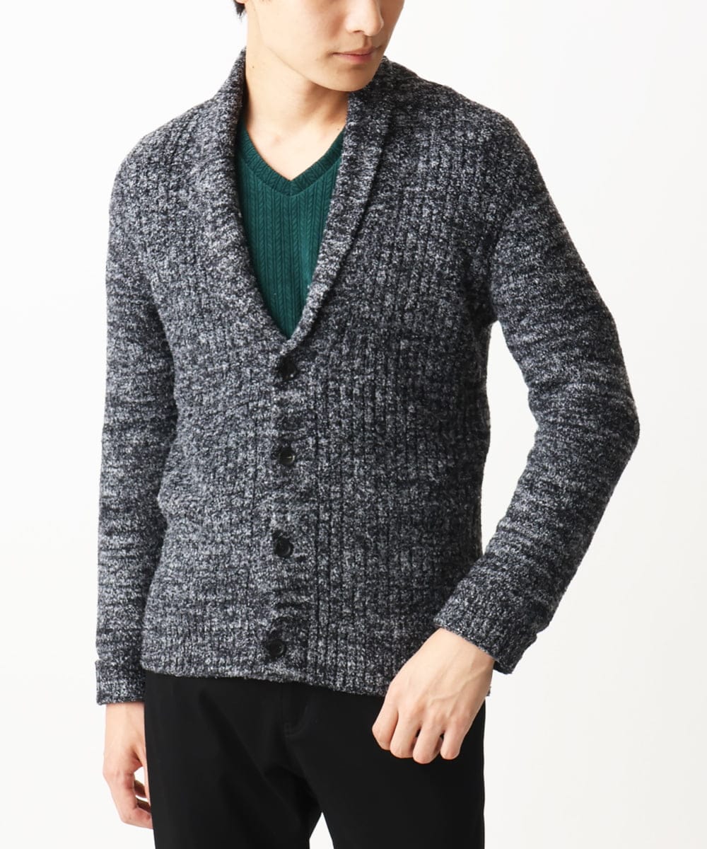 MKFDC22130 MK MICHEL KLEIN HOMME(MKミッシェルクランオム) 【5色展開／ギフト／洗える】ショールカラーカーディガン / フェザーモールヤーン ダークグレー