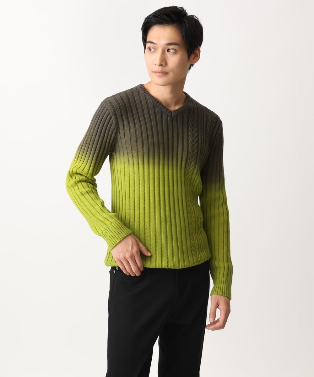 MKFDC40110 MK MICHEL KLEIN HOMME(MKミッシェルクランオム) 【在庫限り！/秋・春着用可能/洗える/コットン糸】Vネックニット/グラデーションケーブル ブルー