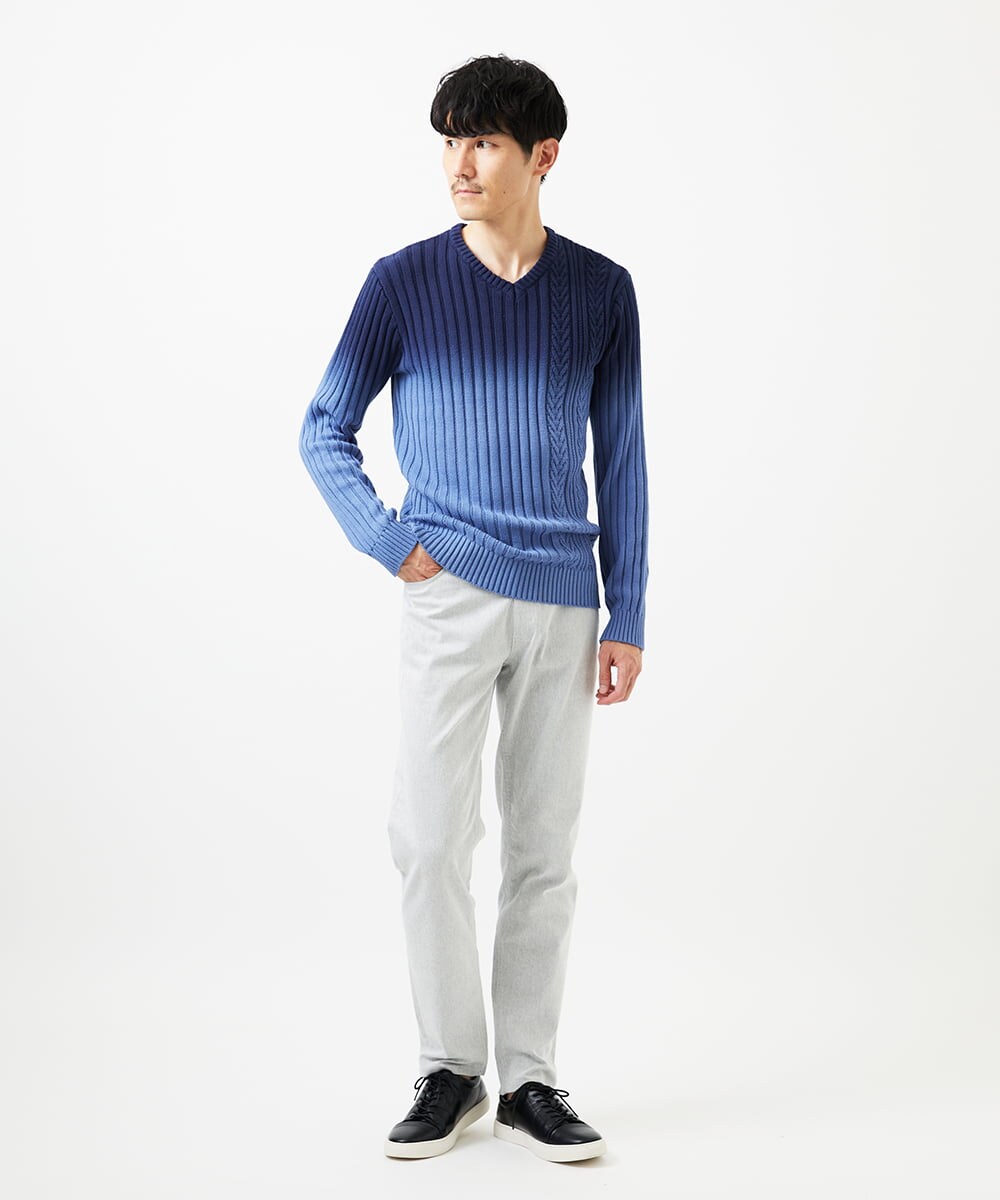 MKFDC40110 MK MICHEL KLEIN HOMME(MKミッシェルクランオム) 【在庫限り！/秋・春着用可能/洗える/コットン糸】Vネックニット/グラデーションケーブル ブルー
