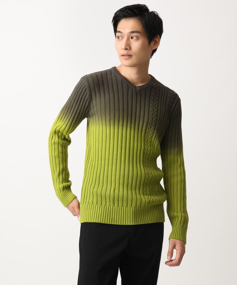MKFDC40110 MK MICHEL KLEIN HOMME(MKミッシェルクランオム) 【在庫限り！/秋・春着用可能/洗える/コットン糸】Vネックニット/グラデーションケーブル ブルー