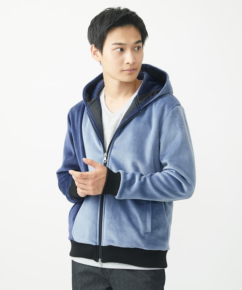 MKJAC29130 MK MICHEL KLEIN HOMME(MKミッシェルクランオム) 【残りわずか/在庫限り/洗える】切り替えパーカー/マイクロベロア ライトブルー