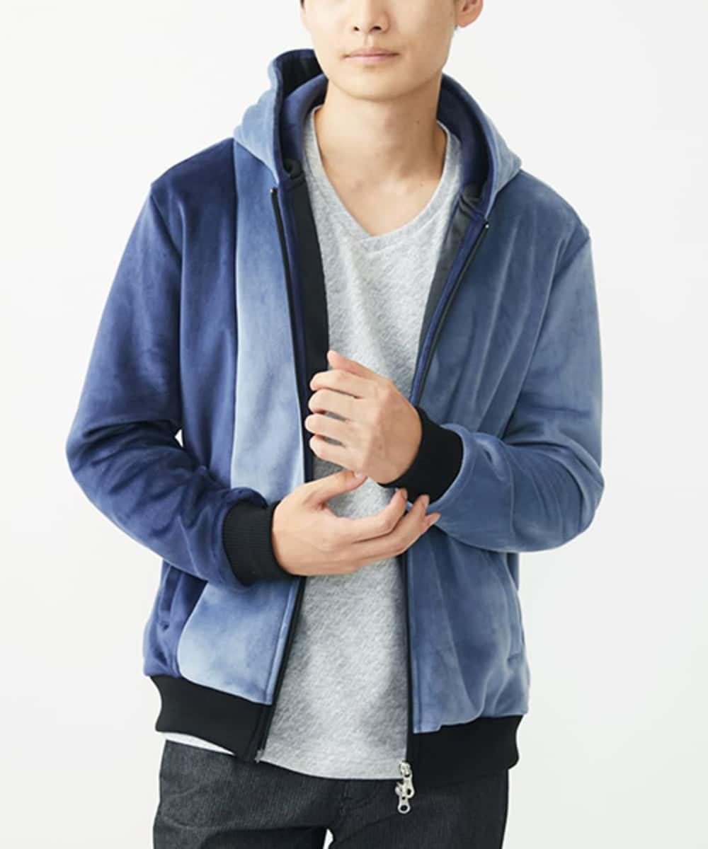 MKJAC29130 MK MICHEL KLEIN HOMME(MKミッシェルクランオム) 【残りわずか/在庫限り/洗える】切り替えパーカー/マイクロベロア ライトブルー