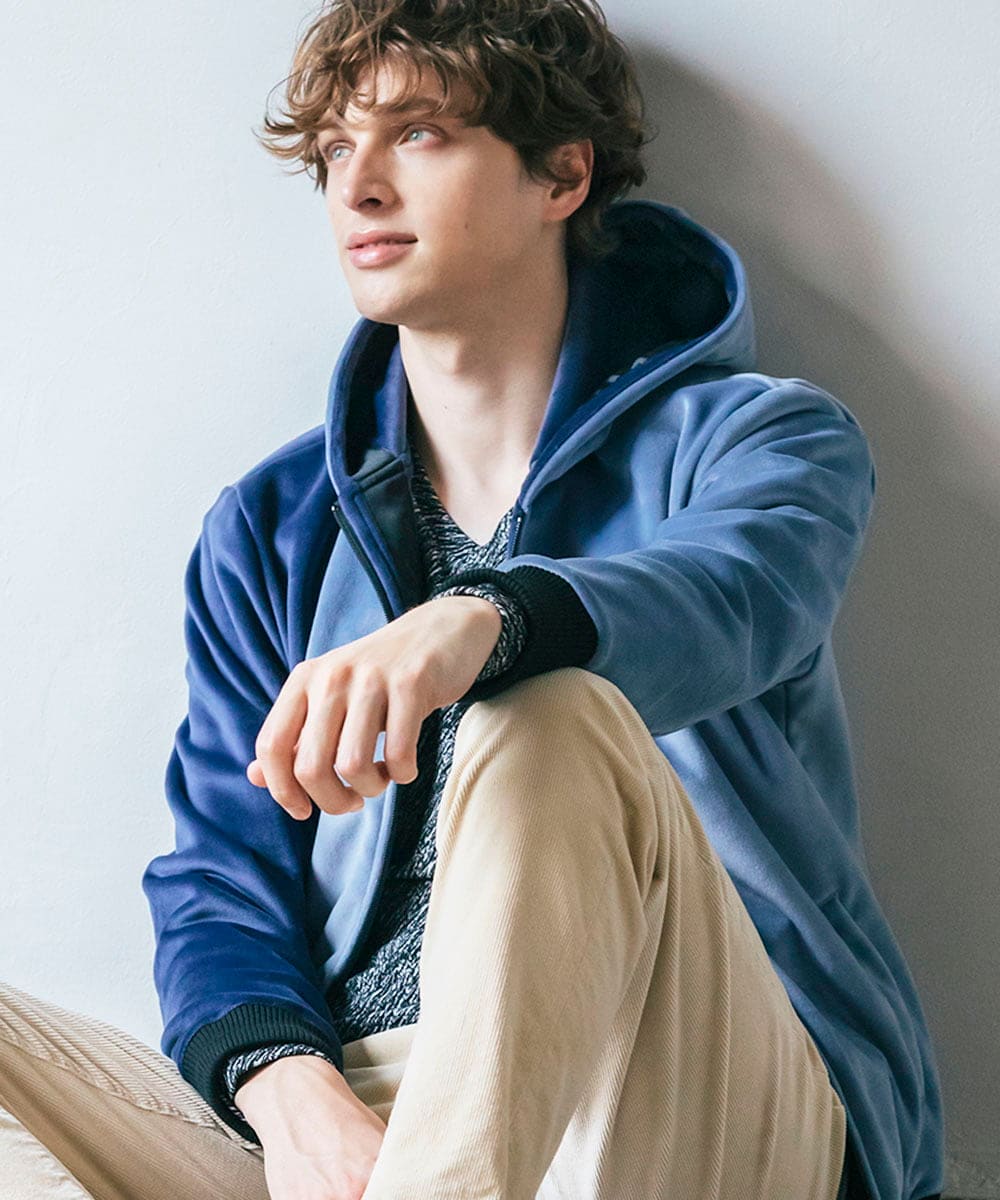 MKJAC29130 MK MICHEL KLEIN HOMME(MKミッシェルクランオム) 【残りわずか/在庫限り/洗える】切り替えパーカー/マイクロベロア ライトブルー