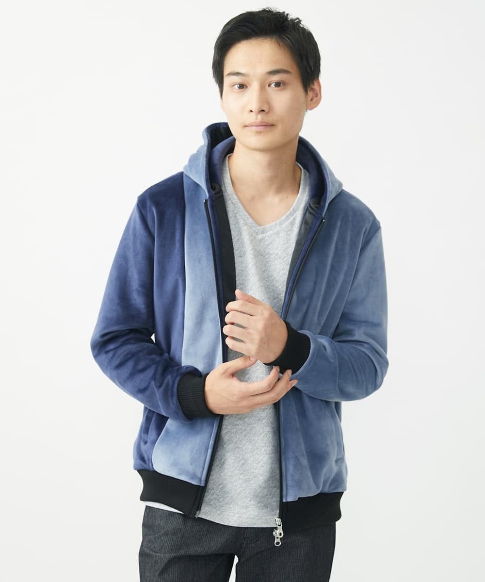 MKJAC29130 MK MICHEL KLEIN HOMME(MKミッシェルクランオム) 【残りわずか/在庫限り/洗える】切り替えパーカー/マイクロベロア ライトブルー